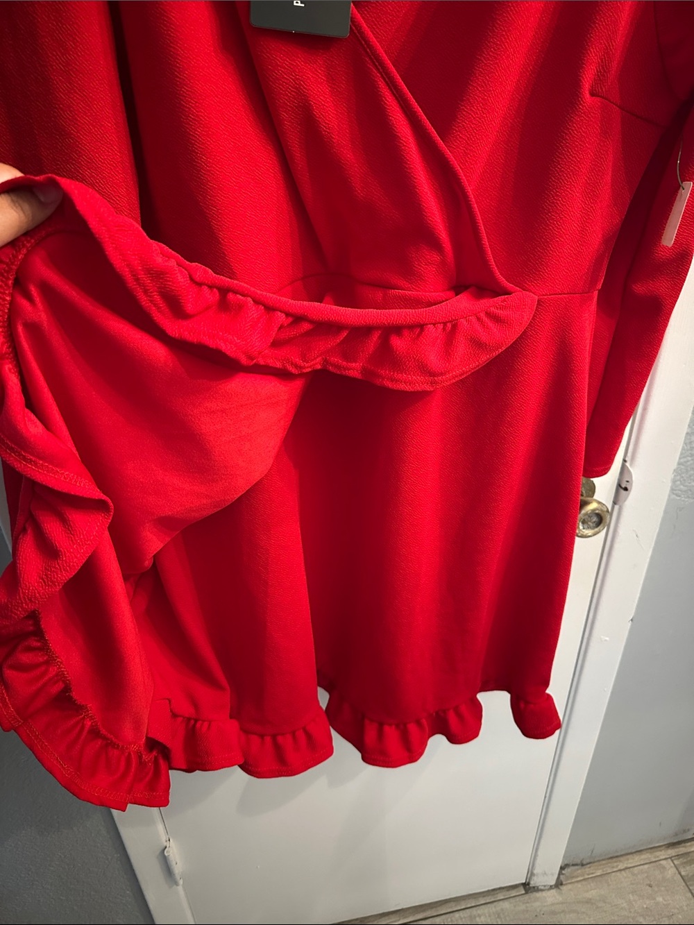 Red Wrap-Style Women's Dress with Ruffle Trim - Picture 4 of 6